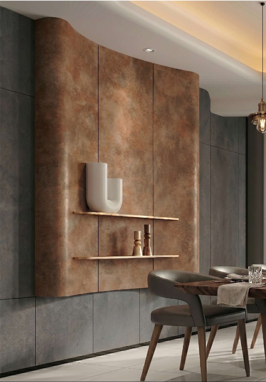 Yemek alanında kavisli metal görünümlü Nex Panel
