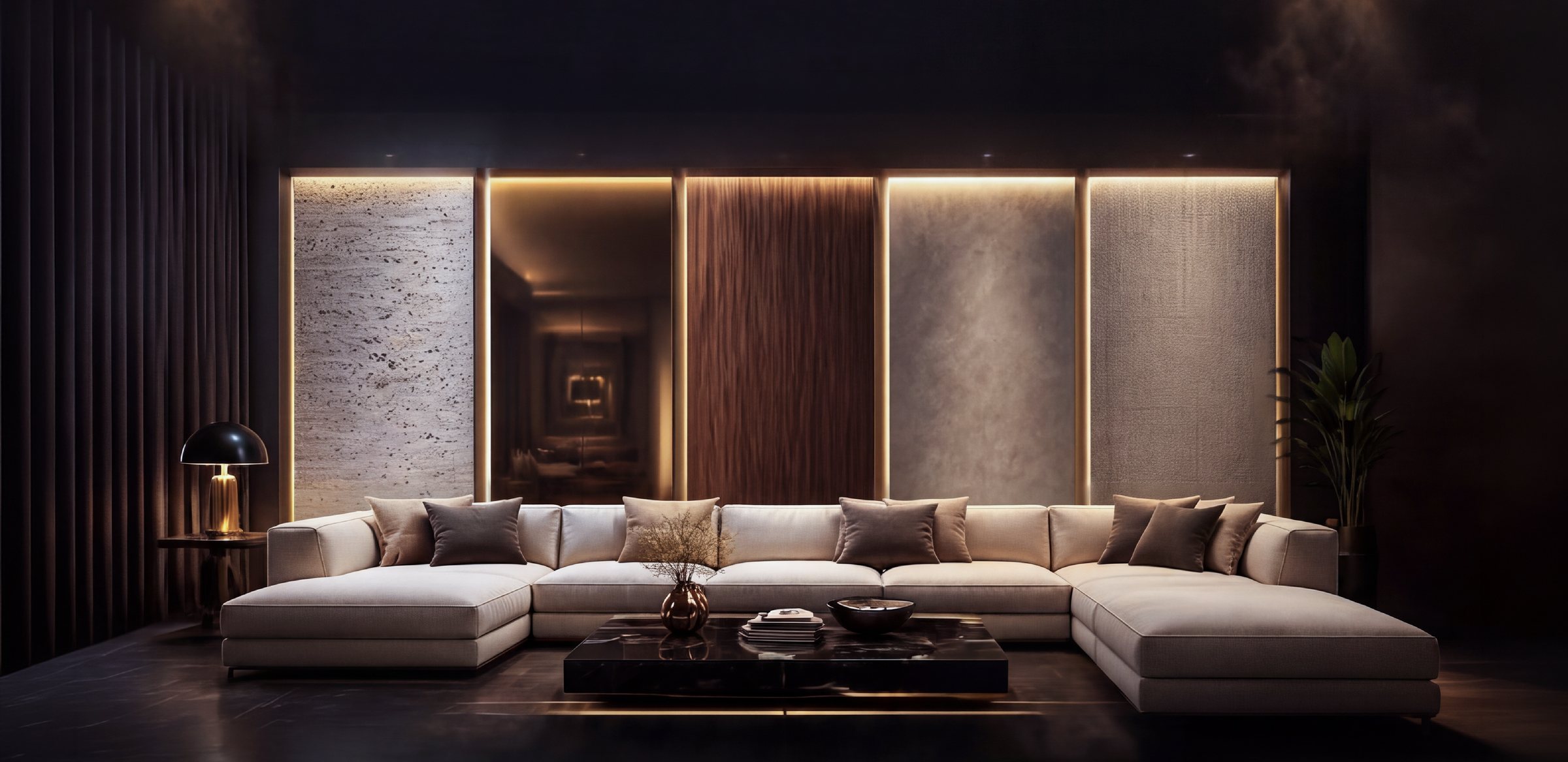 Karanlık salonda arkadan ışıklı beş farklı Nex Panel: traverten, bronz ayna, ahşap, patina ve keten dokulu